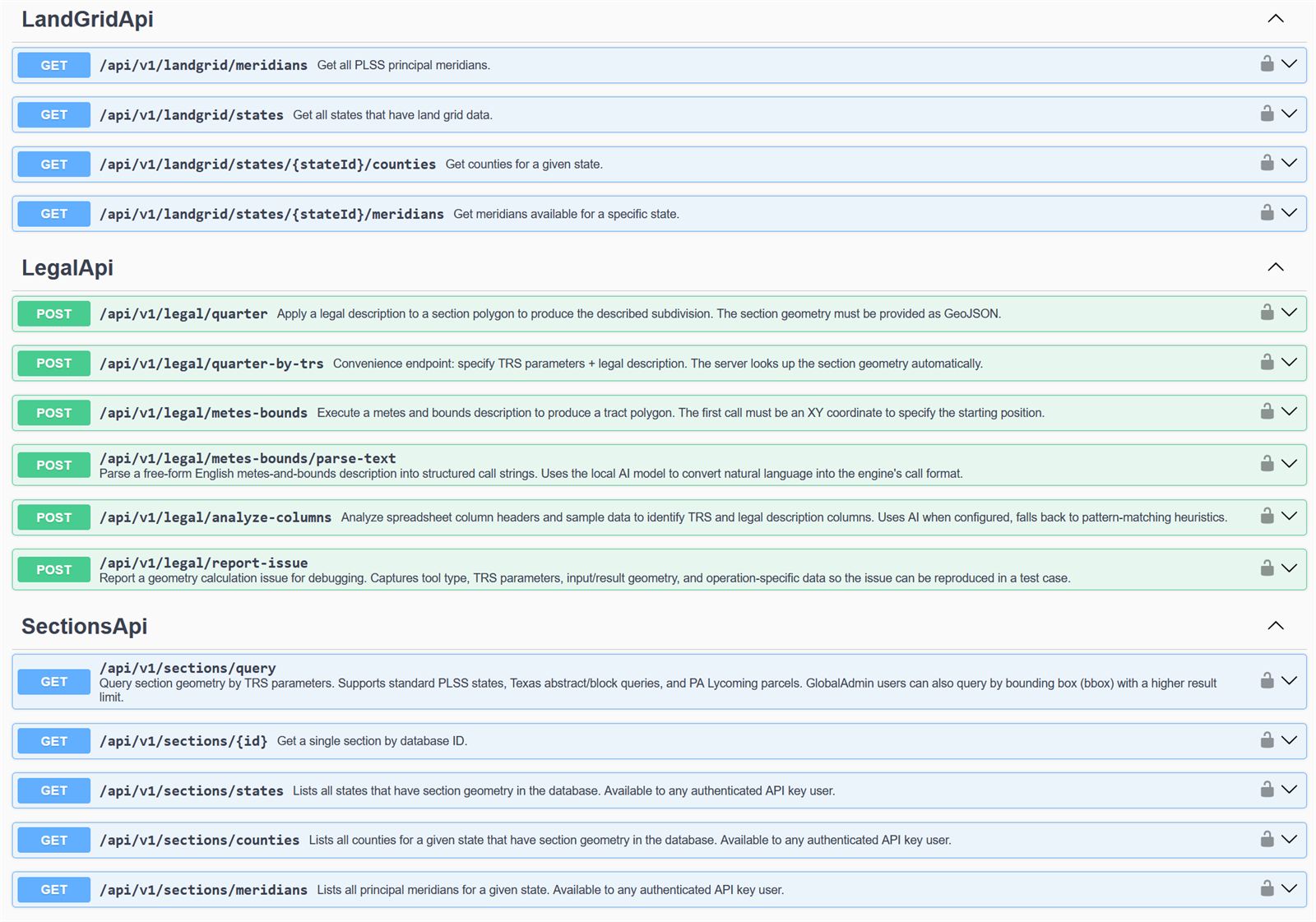 Interactive Swagger UI for the TractBuilder REST API with the full endpoint list expanded.
